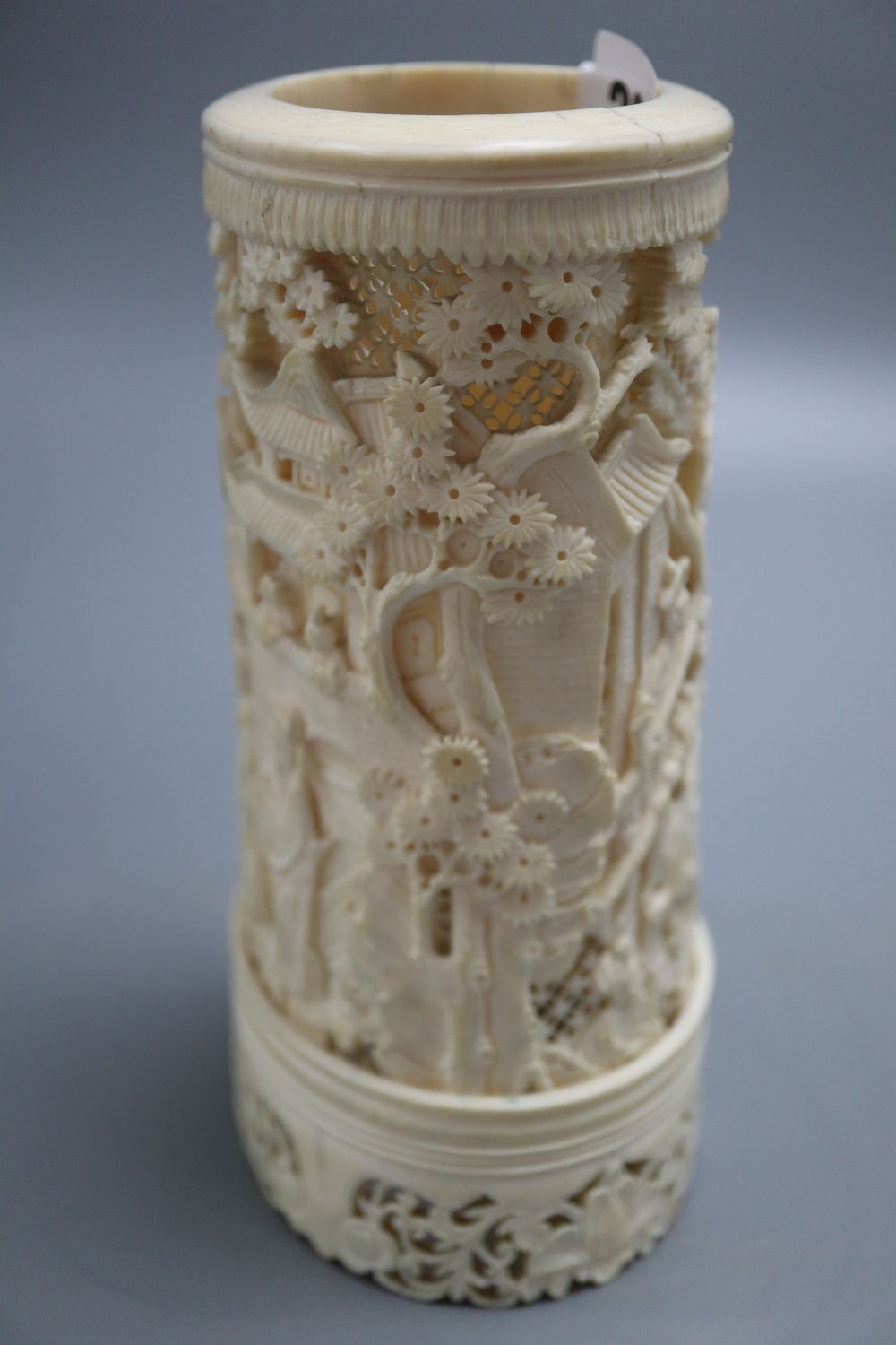 A pierced ivory brush pot, height 18cm